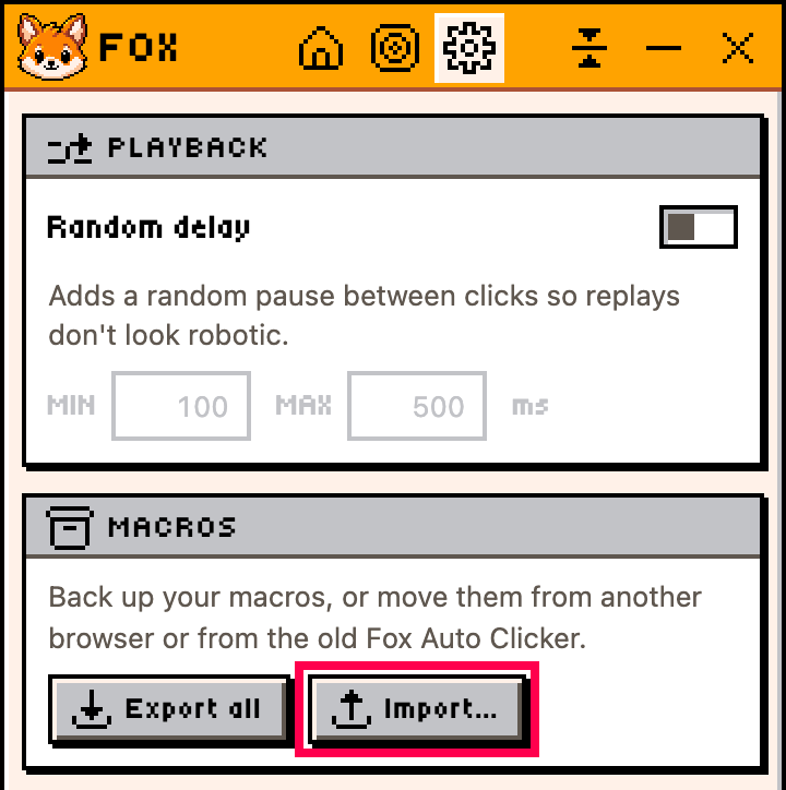 The Import button in the new Fox's Settings tab
